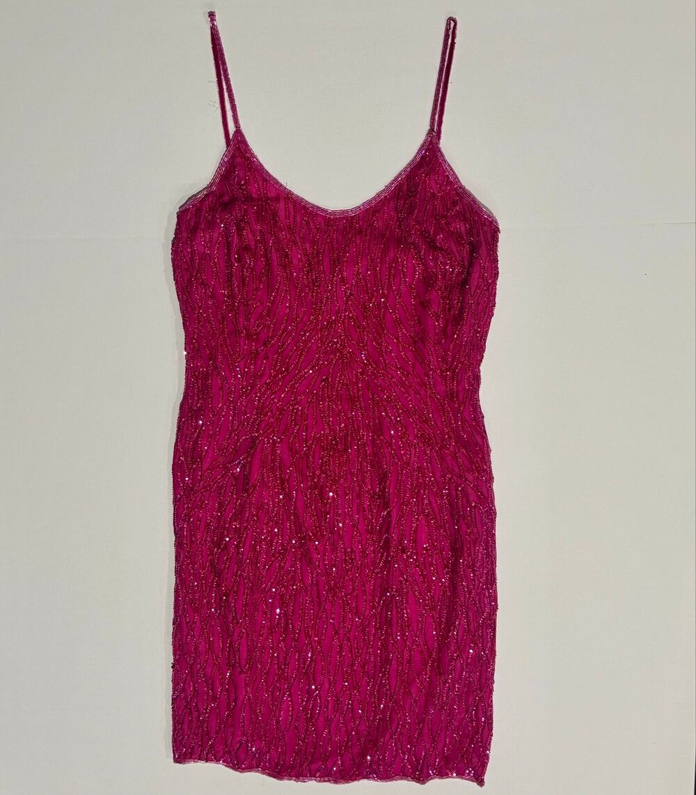 Vintage Stenay Hot Pink 100% Silk Beaded Sequin Slip Dress Size 8